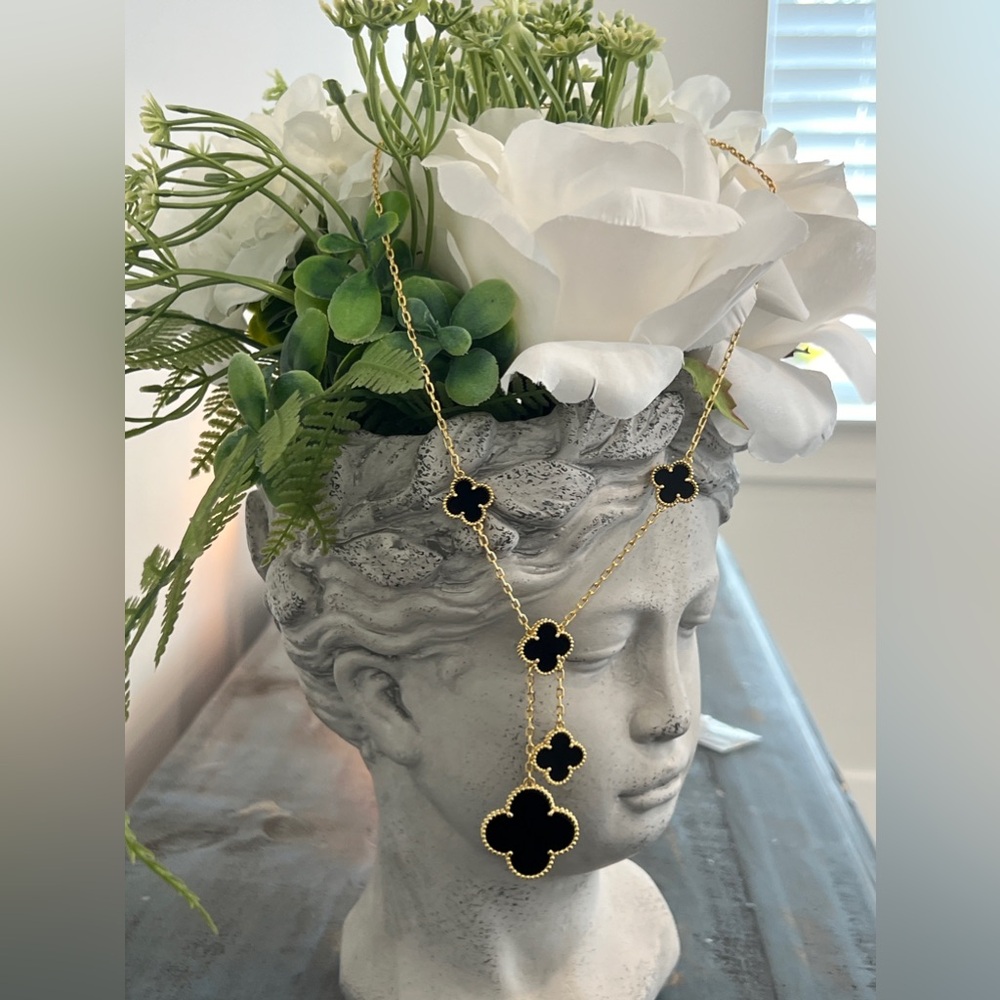 18k Gold Plated Alhambra Black Clover Magic Necklace with Logo